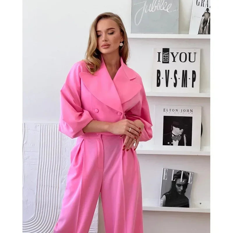 Women 2pcs Clothes Set Solid Color Polo Collar Long Sleeve Blazer