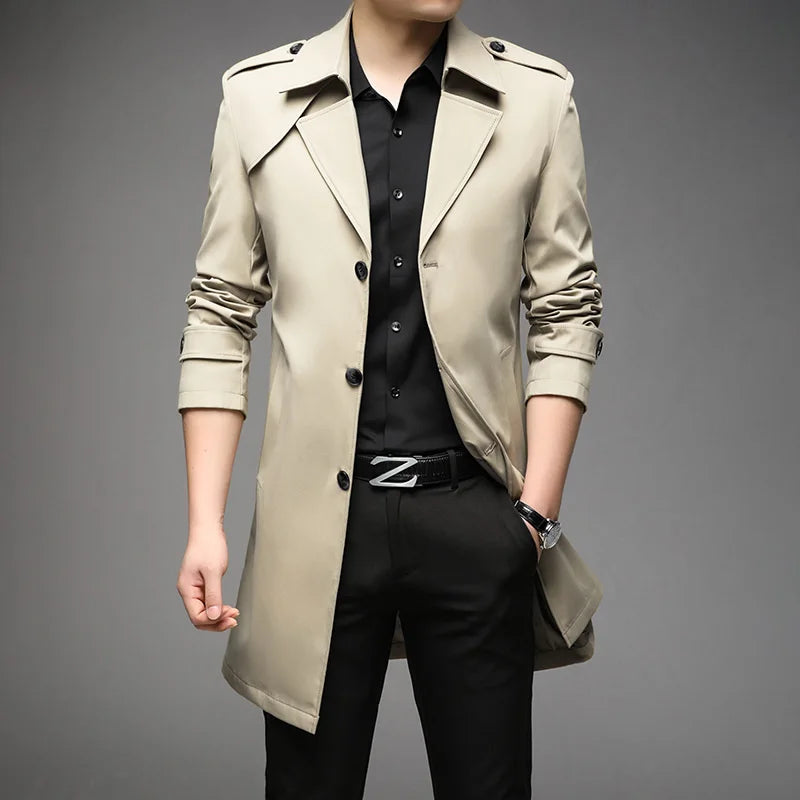 Spring Autumn Long Trench Men Fashion Business Casual Windbreaker Coat Mens Solid Single Breasted Trench Outerwear Plus Size 5Xl
