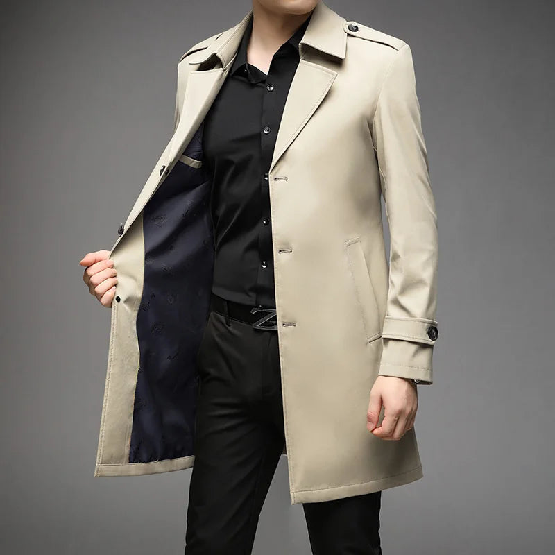 Spring Autumn Long Trench Men Fashion Business Casual Windbreaker Coat Mens Solid Single Breasted Trench Outerwear Plus Size 5Xl
