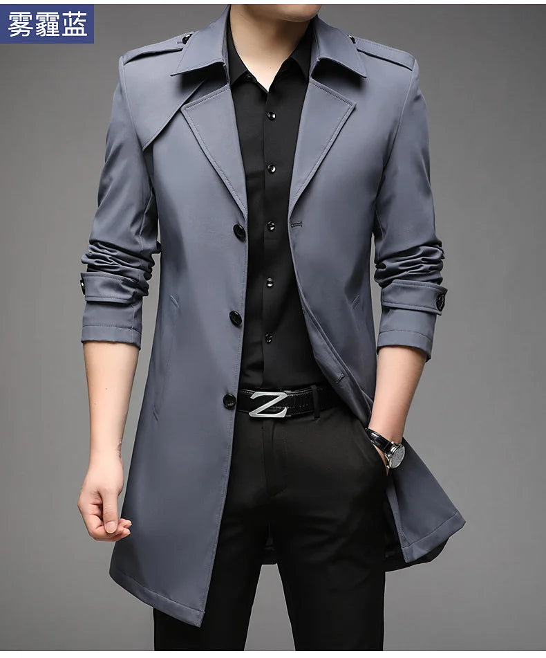 Spring Autumn Long Trench Men Fashion Business Casual Windbreaker Coat Mens Solid Single Breasted Trench Outerwear Plus Size 5Xl