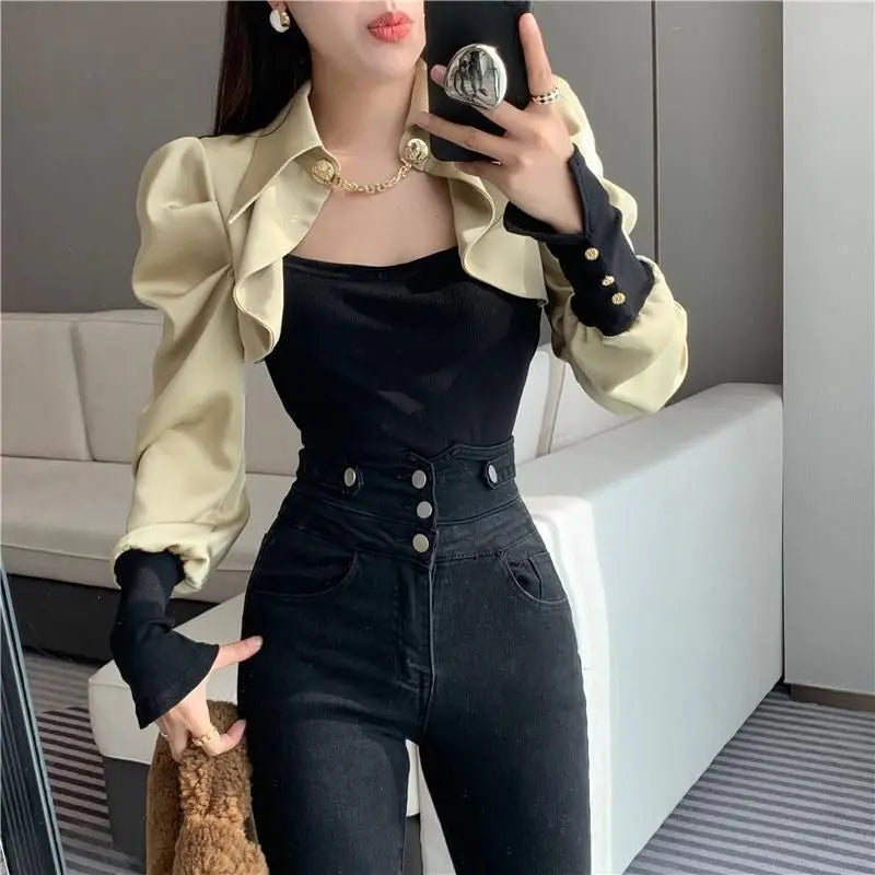 Office Lady Solid Color Patchwork Shirt