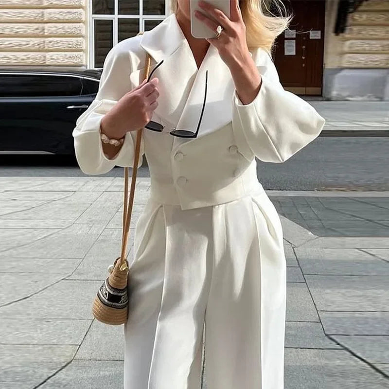Women 2pcs Clothes Set Solid Color Polo Collar Long Sleeve Blazer