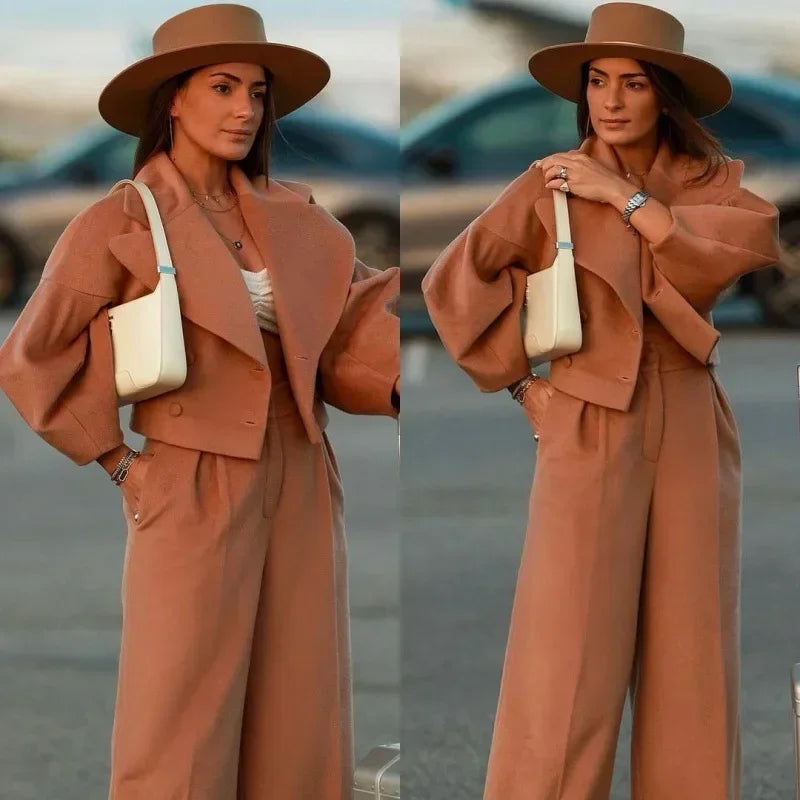Women 2pcs Clothes Set Solid Color Polo Collar Long Sleeve Blazer