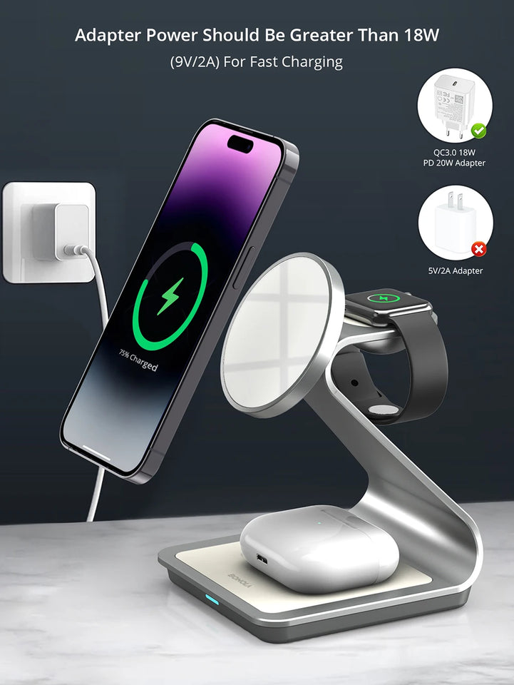 Bonola Magnetic 3 in 1 Wireless Charger for iPhone 15/13/14 Pro Max/12 30W Wireless Charging Station for Apple Watch/AirPods Pro