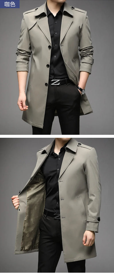 Spring Autumn Long Trench Men Fashion Business Casual Windbreaker Coat Mens Solid Single Breasted Trench Outerwear Plus Size 5Xl