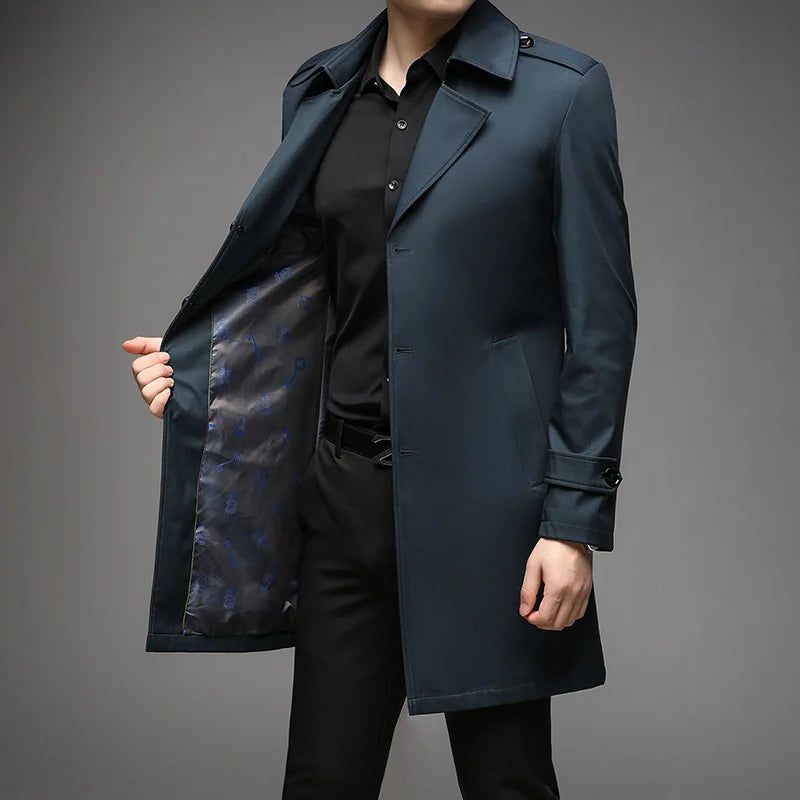Spring Autumn Long Trench Men Fashion Business Casual Windbreaker Coat Mens Solid Single Breasted Trench Outerwear Plus Size 5Xl
