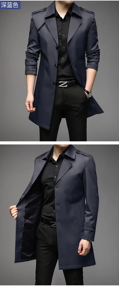 Spring Autumn Long Trench Men Fashion Business Casual Windbreaker Coat Mens Solid Single Breasted Trench Outerwear Plus Size 5Xl