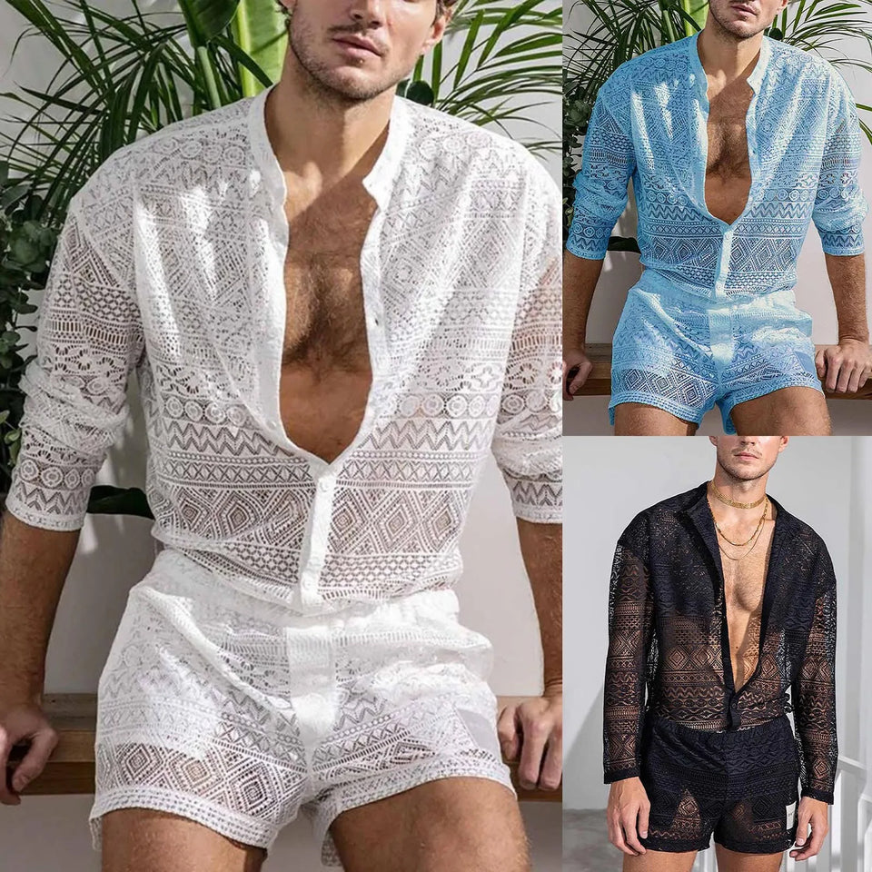 Hollow Out Sexy Lace Suit Fashion Long Sleeve Shirt
