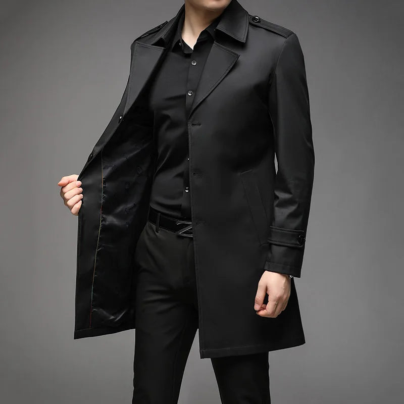 Spring Autumn Long Trench Men Fashion Business Casual Windbreaker Coat Mens Solid Single Breasted Trench Outerwear Plus Size 5Xl