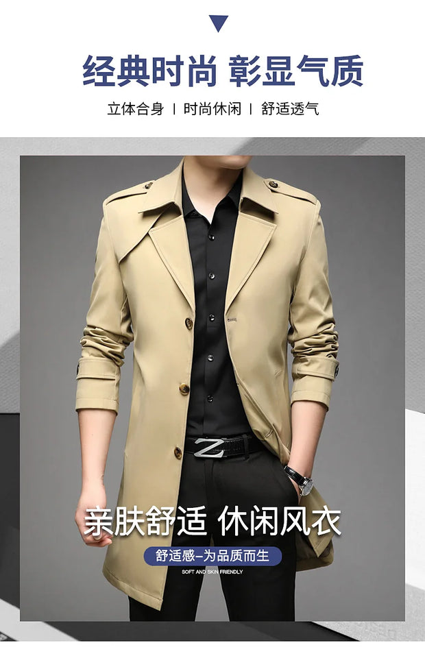Spring Autumn Long Trench Men Fashion Business Casual Windbreaker Coat Mens Solid Single Breasted Trench Outerwear Plus Size 5Xl