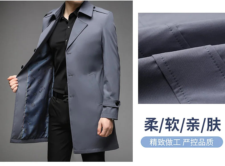 Spring Autumn Long Trench Men Fashion Business Casual Windbreaker Coat Mens Solid Single Breasted Trench Outerwear Plus Size 5Xl