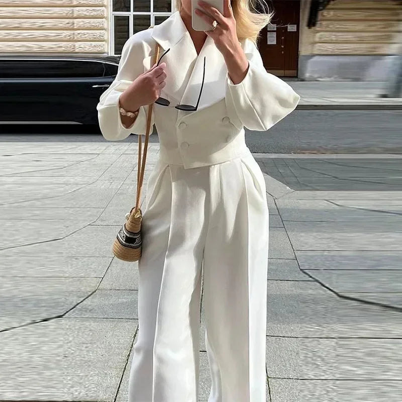 Women 2pcs Clothes Set Solid Color Polo Collar Long Sleeve Blazer