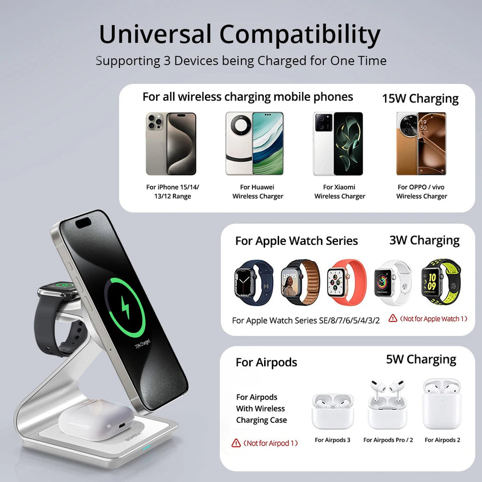 Bonola Magnetic 3 in 1 Wireless Charger for iPhone 15/13/14 Pro Max/12 30W Wireless Charging Station for Apple Watch/AirPods Pro