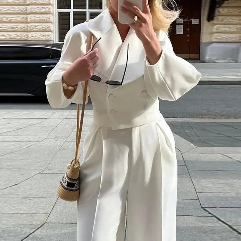 Women 2pcs Clothes Set Solid Color Polo Collar Long Sleeve Blazer