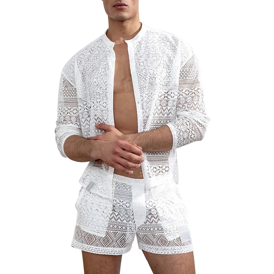 Hollow Out Sexy Lace Suit Fashion Long Sleeve Shirt
