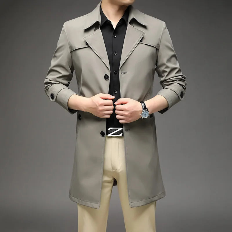 Spring Autumn Long Trench Men Fashion Business Casual Windbreaker Coat Mens Solid Single Breasted Trench Outerwear Plus Size 5Xl