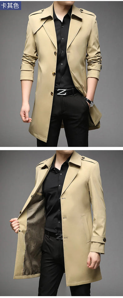 Spring Autumn Long Trench Men Fashion Business Casual Windbreaker Coat Mens Solid Single Breasted Trench Outerwear Plus Size 5Xl