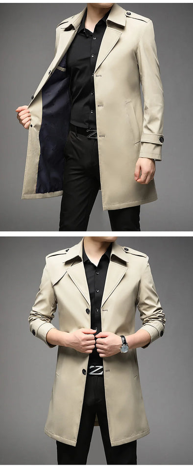 Spring Autumn Long Trench Men Fashion Business Casual Windbreaker Coat Mens Solid Single Breasted Trench Outerwear Plus Size 5Xl