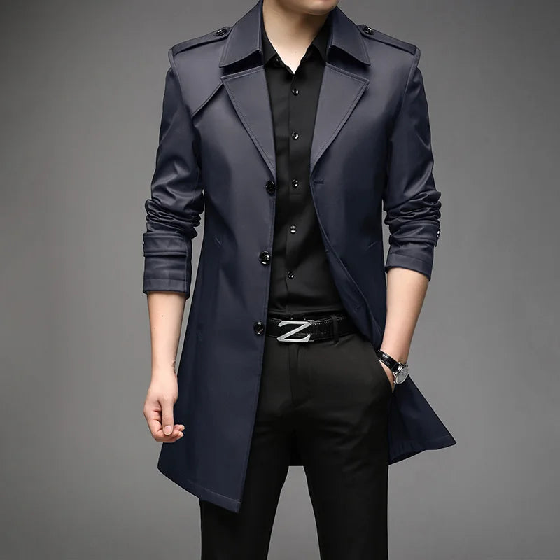 Spring Autumn Long Trench Men Fashion Business Casual Windbreaker Coat Mens Solid Single Breasted Trench Outerwear Plus Size 5Xl