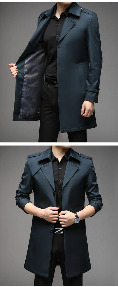 Spring Autumn Long Trench Men Fashion Business Casual Windbreaker Coat Mens Solid Single Breasted Trench Outerwear Plus Size 5Xl