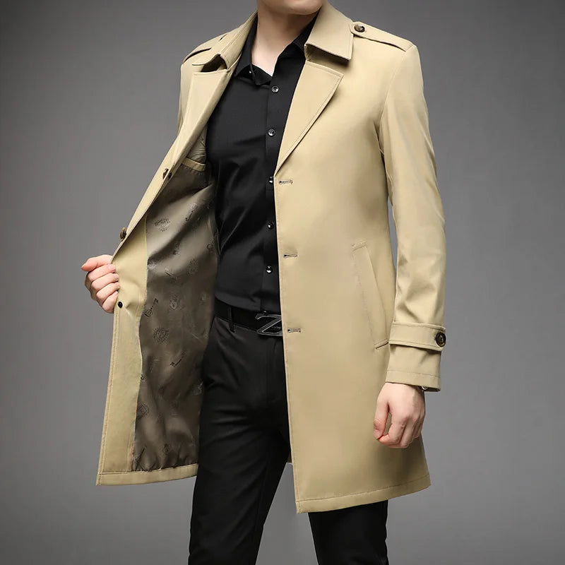 Spring Autumn Long Trench Men Fashion Business Casual Windbreaker Coat Mens Solid Single Breasted Trench Outerwear Plus Size 5Xl