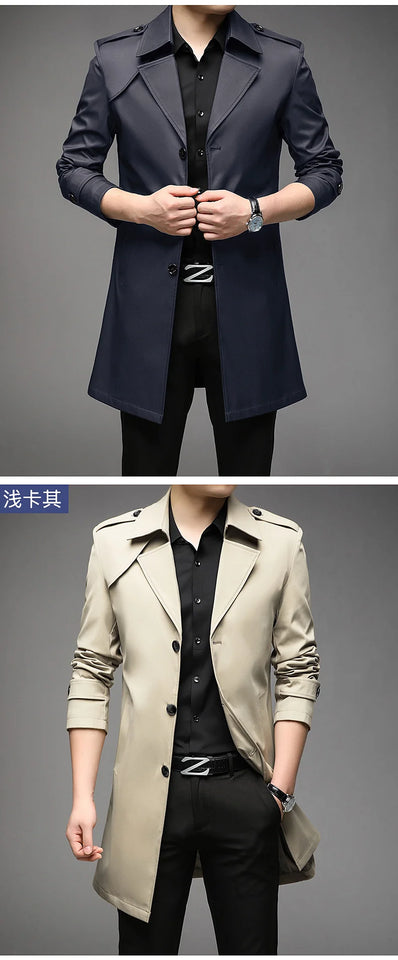 Spring Autumn Long Trench Men Fashion Business Casual Windbreaker Coat Mens Solid Single Breasted Trench Outerwear Plus Size 5Xl