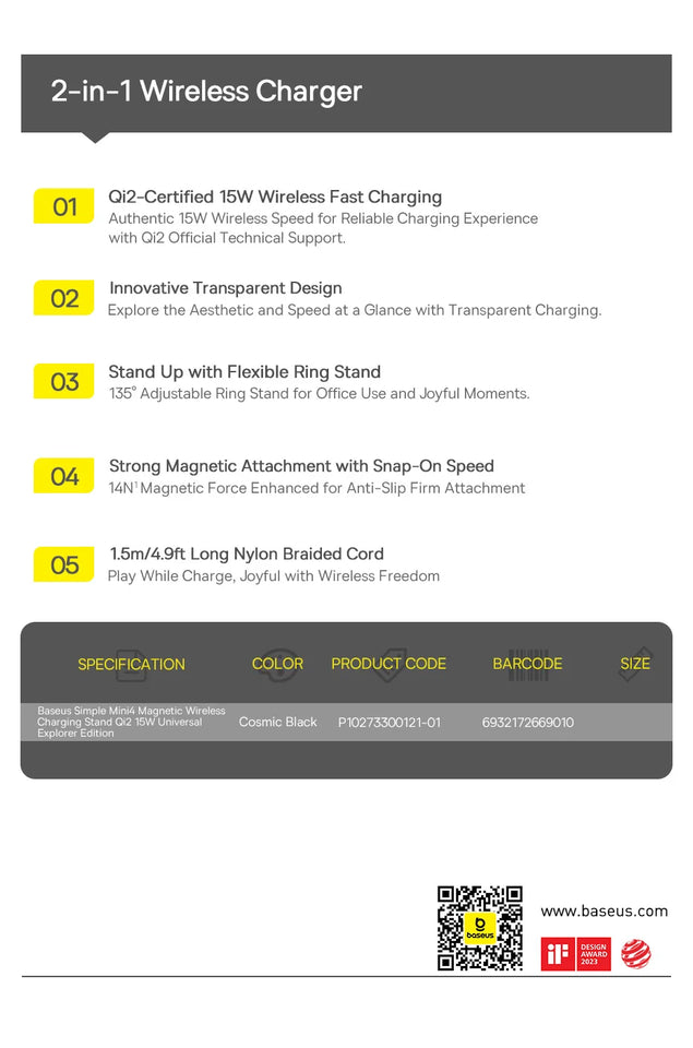 Baseus 15W Magnetic Wireless Charger Qi2 Certified Fast Charging Built-in Stand Phone Charger For iPhone 16 15 14 13 Pro Max