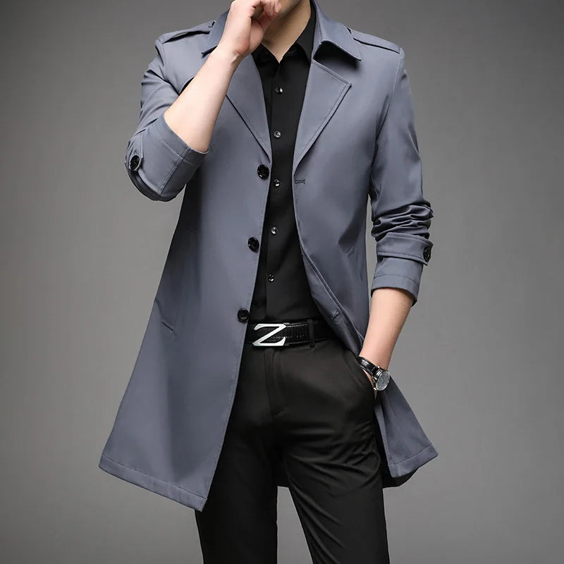 Spring Autumn Long Trench Men Fashion Business Casual Windbreaker Coat Mens Solid Single Breasted Trench Outerwear Plus Size 5Xl