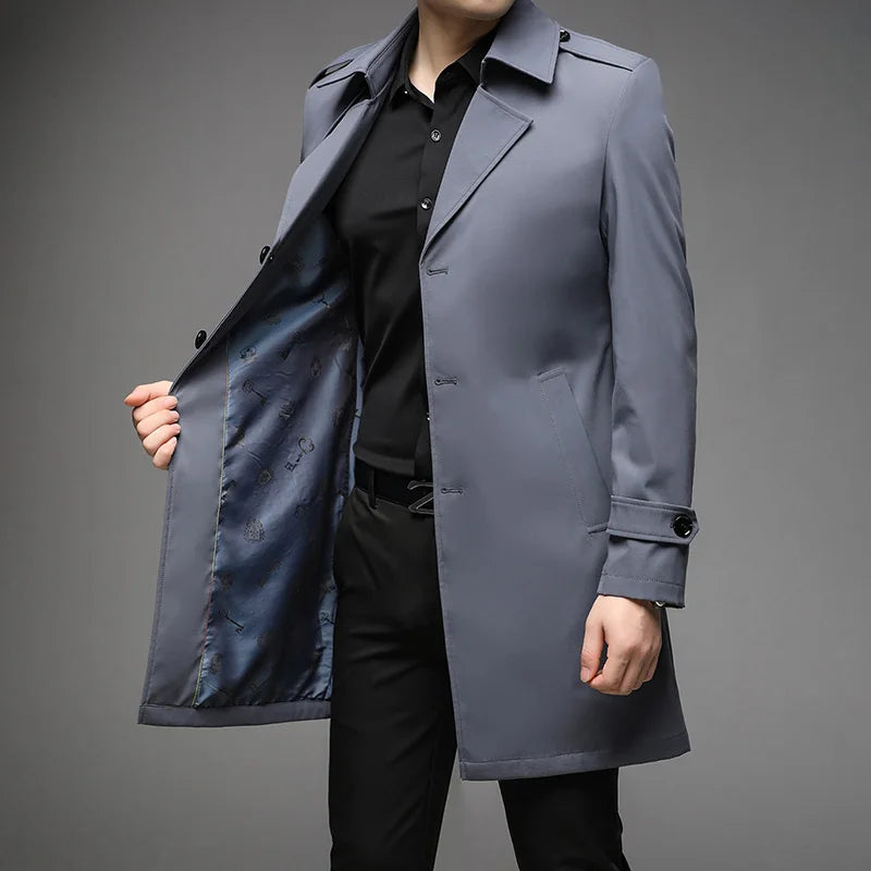 Spring Autumn Long Trench Men Fashion Business Casual Windbreaker Coat Mens Solid Single Breasted Trench Outerwear Plus Size 5Xl