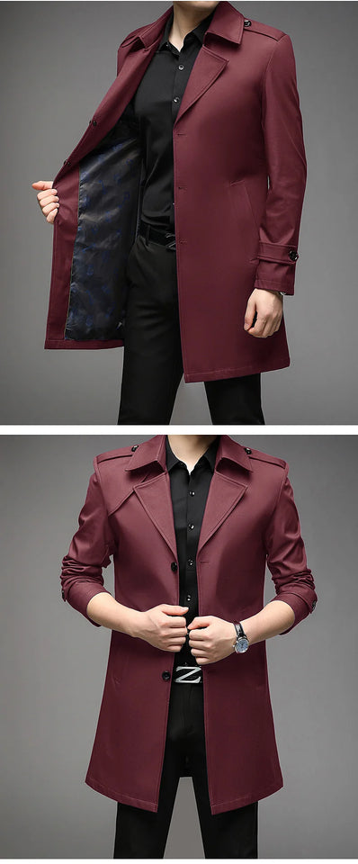 Spring Autumn Long Trench Men Fashion Business Casual Windbreaker Coat Mens Solid Single Breasted Trench Outerwear Plus Size 5Xl