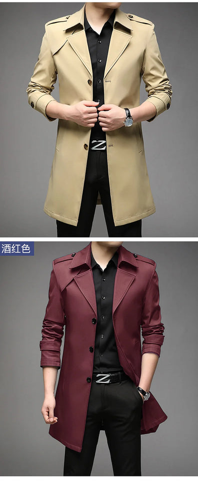 Spring Autumn Long Trench Men Fashion Business Casual Windbreaker Coat Mens Solid Single Breasted Trench Outerwear Plus Size 5Xl