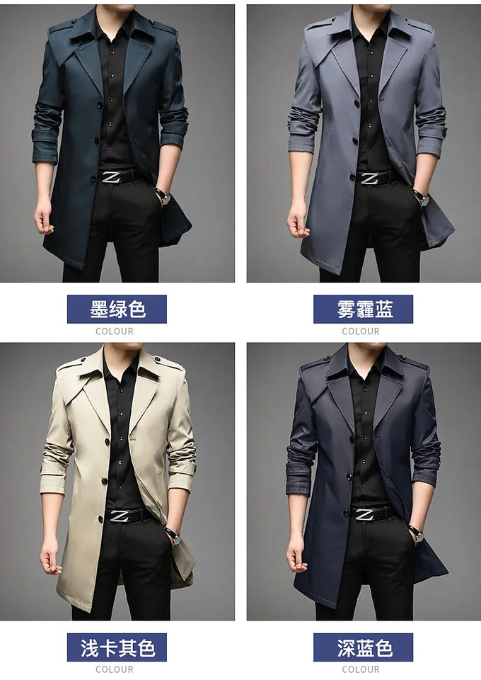 Spring Autumn Long Trench Men Fashion Business Casual Windbreaker Coat Mens Solid Single Breasted Trench Outerwear Plus Size 5Xl