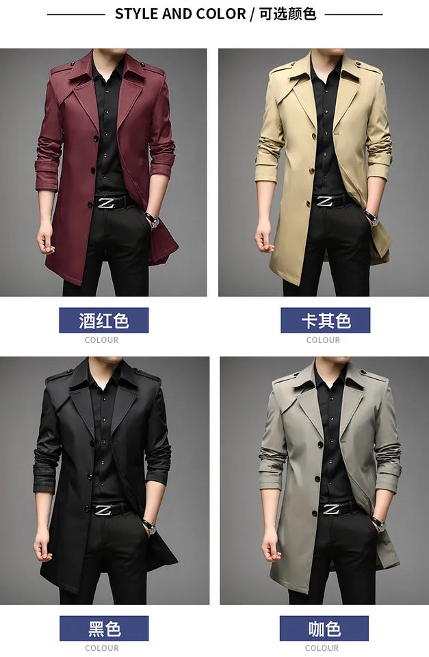 Spring Autumn Long Trench Men Fashion Business Casual Windbreaker Coat Mens Solid Single Breasted Trench Outerwear Plus Size 5Xl