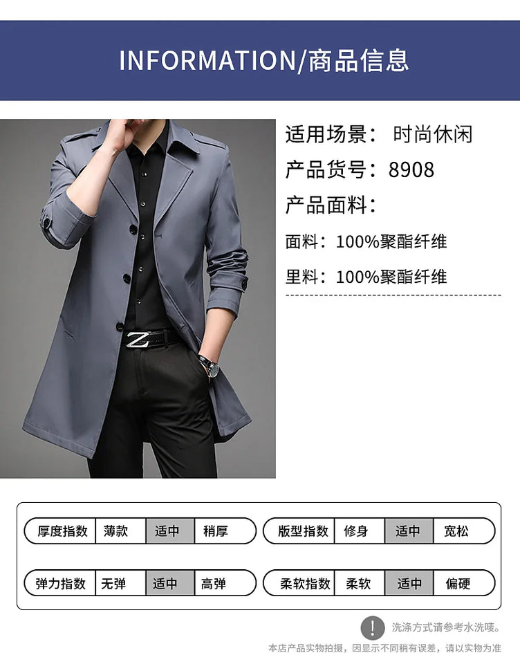 Spring Autumn Long Trench Men Fashion Business Casual Windbreaker Coat Mens Solid Single Breasted Trench Outerwear Plus Size 5Xl