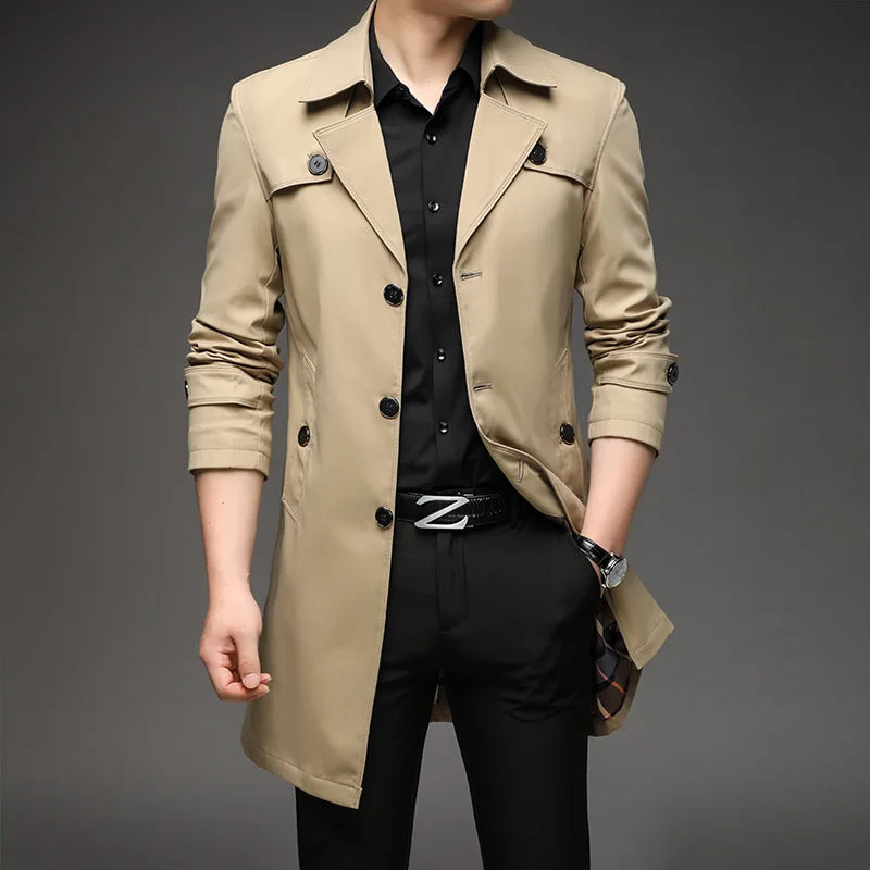 Spring Autumn Long Trench Men Fashion Business Casual Windbreaker Coat Mens Solid Single Breasted Trench Outerwear Plus Size 5Xl